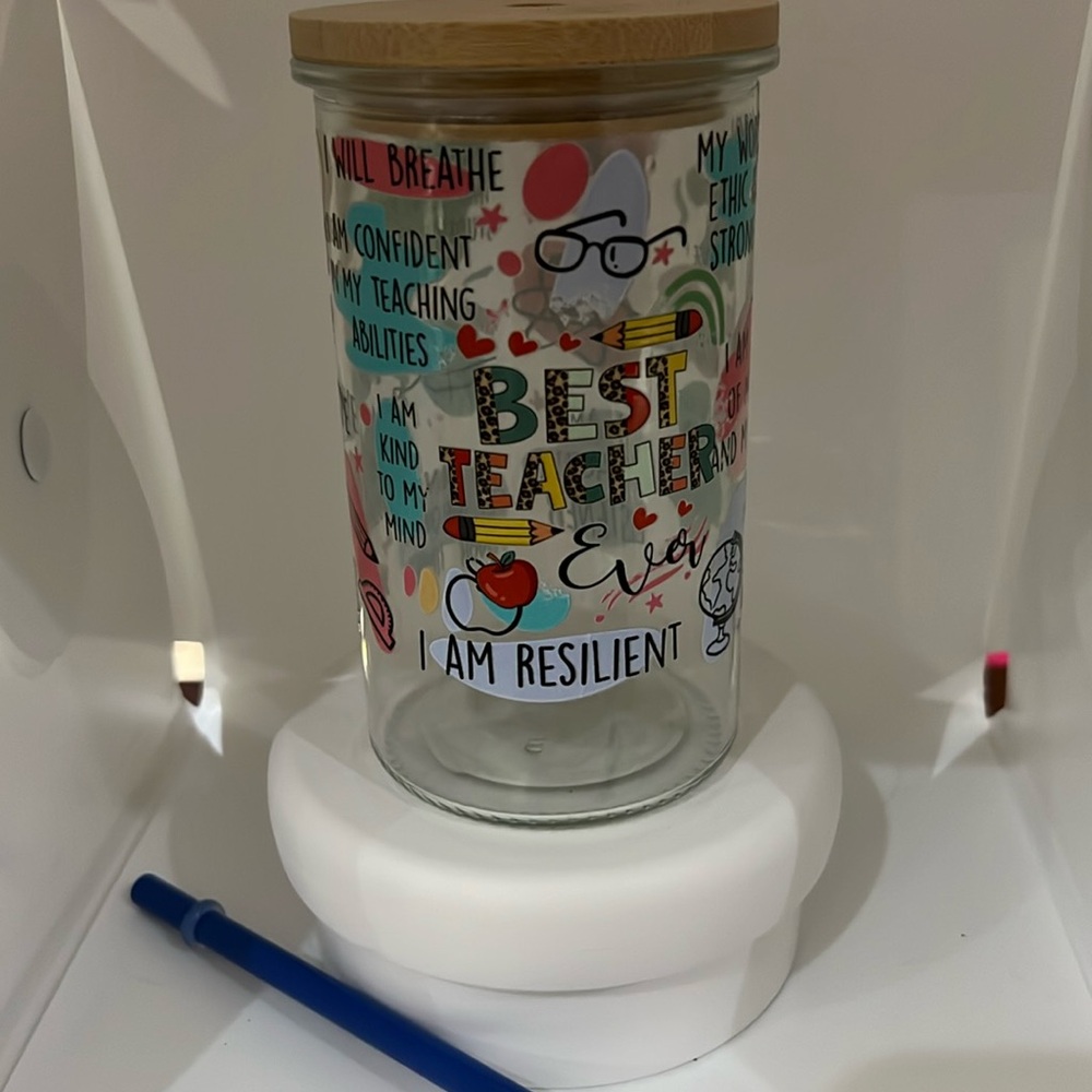 Teacher theme glass with straw and bamboo lid